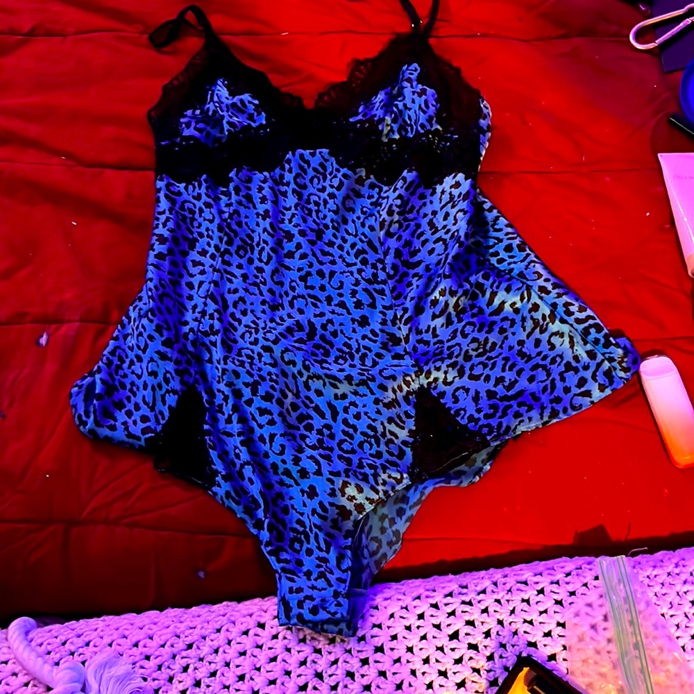 Blue leopard satin leotard